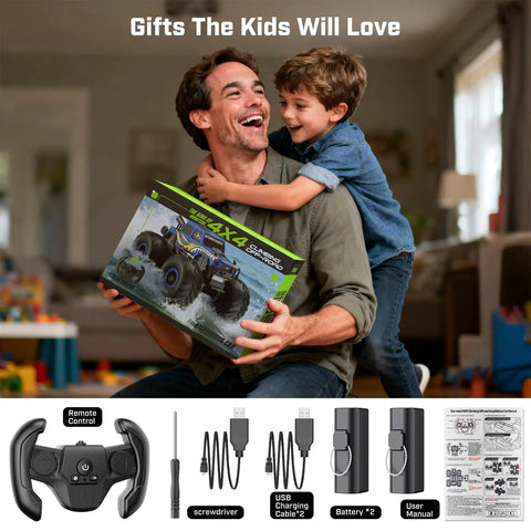 Father and son with Amphibious Remote Control Beast Truck Toy For Kids 6 Plus Waterproof Off Road 4X4 RC Pickup All Terrain 2 4GHz One Eighteen Scale Truck Great Boys Gift Blue packaging. Remote control and accessories displayed below.