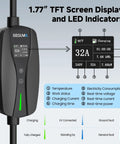 Tesla Level 2 EV Charger 32Amp 240V 7.68kW NACS Compatible with TFT screen display and LED indicators.