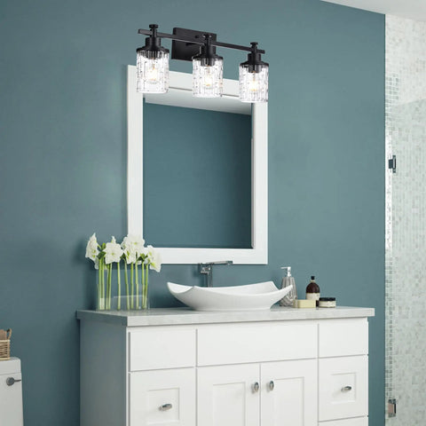 3 Light Black Matte Finish Vanity Light With Dope Clear Grid Glass Shade above bathroom mirror and vanity
