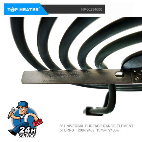 Close-up of 8 Inch 2100W Electric Stove Burner Replacement Element For Whirlpool KitchenAid Norge showing coil and specifications.
