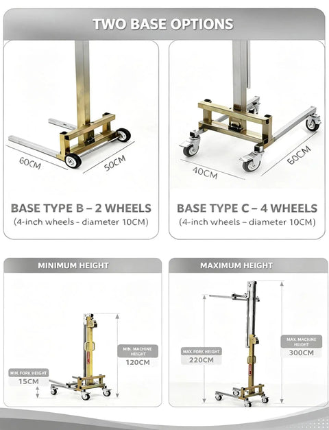Heavy Duty Portable Cabinet Lift With Manual Winch Trolley For Kitchen Units And Wall Panels showing two base options with height measurements.