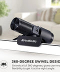 Top Tier 1080P Usb Webcam With Slick Privacy Shutter Dual Onboard Mics For Live Streaming Video Calls Gaming And Remote Hustle Quick Plug And Play Ready Setup, featuring 360-degree swivel design.