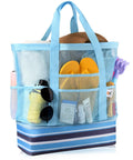 Beach Bag With Built In Detachable Cooler Compartment, Mesh Dry Wet Bag With Zipper Pockets, Waterproof Sandproof Pool Tote For Beach And Pool Days, Blue showing contents.