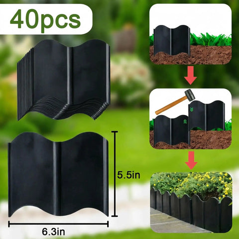 40pcs No Dig Interlocking Garden Edging Kit showing black 5.5in tall plastic landscape border installation steps