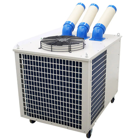 Crush The Heat Industrial Air Conditioner Dropping 28900 BTU, portable unit with three ducts for spot cooling in warehouses.
