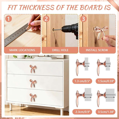 Installation steps showing Rose Gold Bow Dresser Knobs 4 Pack Decorative Cabinet Hardware For Dressers Cabinets Closets