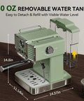 Top Notch Semi Automatic Espresso Maker With Built In Milk Steamer And 20 Bar Pressure Engineered For Your Daily Grind With Boss Level Craftsmanship In Vintage Green Finish with 50 oz removable water tank.