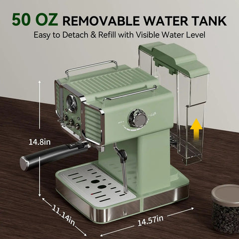Top Notch Semi Automatic Espresso Maker With Built In Milk Steamer And 20 Bar Pressure Engineered For Your Daily Grind With Boss Level Craftsmanship In Vintage Green Finish with 50 oz removable water tank.