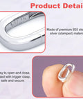 Your Go To Sterling Silver Oval Clasp Set for Jewelry Making Hypoallergenic Spring Bail Connectors for Bracelets Anklets Necklaces and Keychains Ultra Tiny 7.4mm by 11.6mm 2 Pack, close-up showing sterling silver stamp and clasp operation.