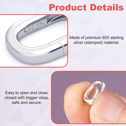 Your Go To Sterling Silver Oval Clasp Set for Jewelry Making Hypoallergenic Spring Bail Connectors for Bracelets Anklets Necklaces and Keychains Ultra Tiny 7.4mm by 11.6mm 2 Pack, close-up showing sterling silver stamp and clasp operation.