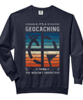 Retro Geocaching Supplies Sweatshirt With Tools And Trinkets Kit For Adults Comfort Colors Hoodie displaying geocaching graphic