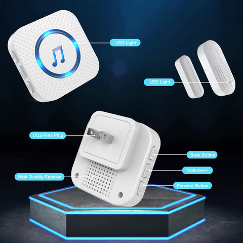 Wireless Door Chime with 800 ft Range, 55 Chimes and 5 Adjustable Volume Levels for Home Office or Store, LED light detail