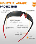Tinted Safety Glasses 24 Pack Bulk For Men And Women Eye Protection With UV Shield ANSI Z87.1 Scratch Resistant Eyewear Nose Pads For Construction Work Outdoor Jobs with wraparound frame and nose pads, showcased in infographic layout