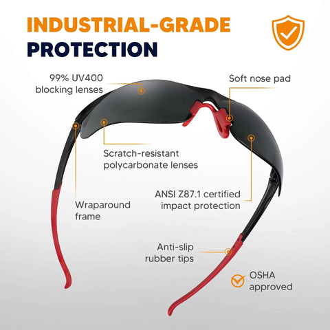 Tinted Safety Glasses 24 Pack Bulk For Men And Women Eye Protection With UV Shield ANSI Z87.1 Scratch Resistant Eyewear Nose Pads For Construction Work Outdoor Jobs with wraparound frame and nose pads, showcased in infographic layout
