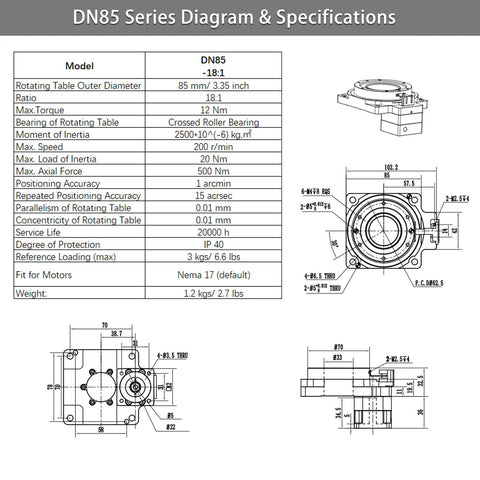 DN85 series diagram for Ultra High Precision Hollow Rotary Actuator With 1 Arcmin Positioning And 15 Arcmin Repeat for Nema 17.