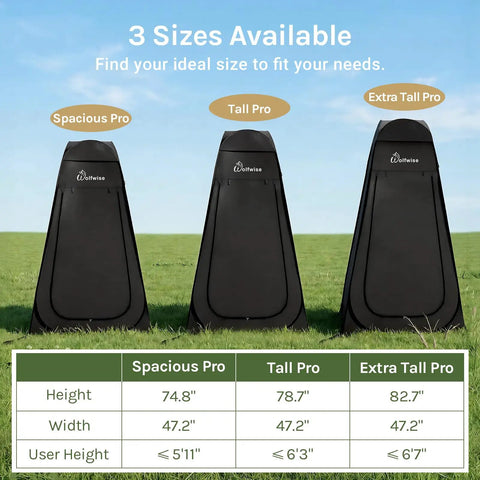 Three sizes of Easy Pop Up Shower Tent With Floor Portable Instant Changing Booth Privacy Bathroom For Beach Camping.