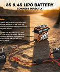 Beefed Up 62Kg Brushless RC Servo Motor with full metal gear, black and orange shell, shown next to battery connections in a rocky terrain.