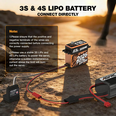 Beefed Up 62Kg Brushless RC Servo Motor with full metal gear, black and orange shell, shown next to battery connections in a rocky terrain.