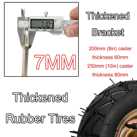 Zero Fuss Heavy Duty Casters With Pneumatic Rubber Tires Industrial Swivel And Fixed Wheels Eight Inch thickness measurement shown.