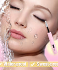 Model demonstrating Bond And Seal 2 In 1 Lash Glue Waterproof With Strong Hold For DIY Cluster Eyelashes; water splashes on face