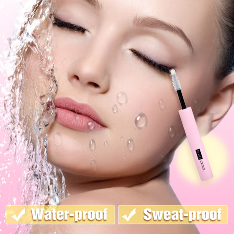 Model demonstrating Bond And Seal 2 In 1 Lash Glue Waterproof With Strong Hold For DIY Cluster Eyelashes; water splashes on face