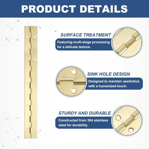 Top Shelf 10 Inch Gold Piano Hinge Pack Heavy Duty 304 Stainless Steel Continuous Hinges With Pre Drilled Holes for wood cabinets and gates.