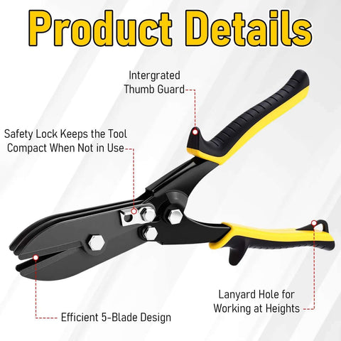 2-Piece 5-Blade Hand Crimper For Sheet Metal And Gutter, ergonomic grip, and safety lock highlighted in product details image
