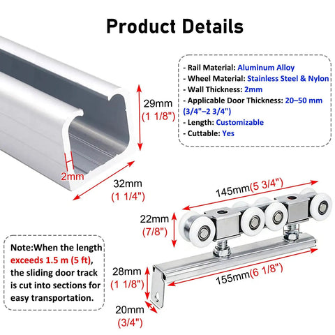 Heavy Duty Aluminum Sliding Door Hardware Kit Featuring Rock Solid Dual Roller Wheels For Closet Or Barn Doors Adjustable Cuttable Ceiling Track With No Sweat Installation product details showing aluminum track and roller dimensions