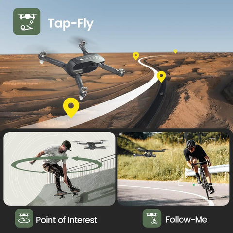 Compact GPS Drone with 4K Camera for Adults Under 249g Foldable RC Quad Copter with auto return shown in desert and tracking scenes.