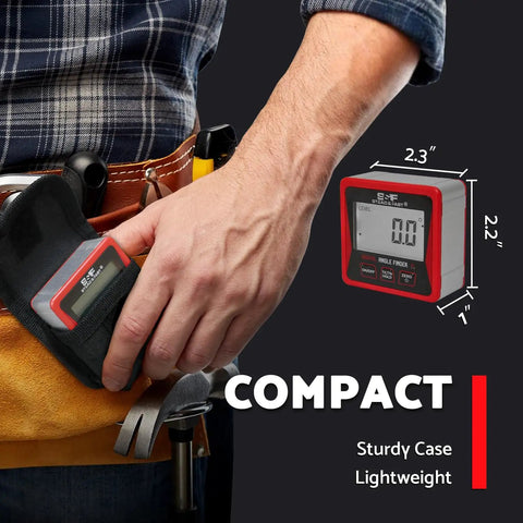 Person using Digital Angle Finder Gauge With Magnetic Base Protractor Inclinometer For Woodworking And Carpentry, shown with dimensions.
