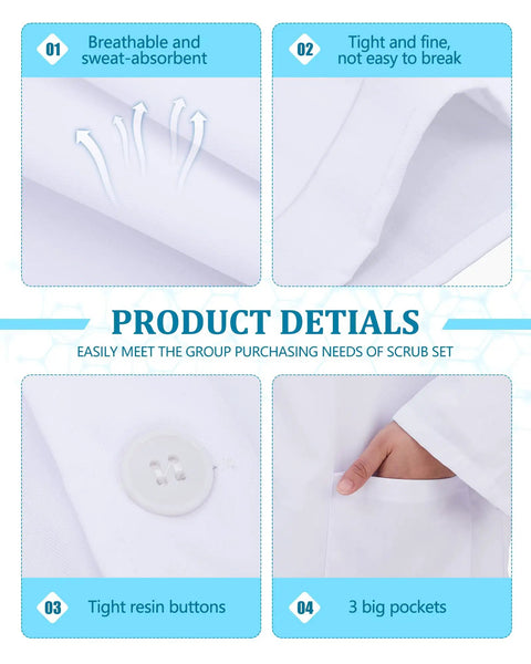 White Unisex Lab Coat With 3 Pockets For Men And Women, 3-Piece Set showing breathable fabric, tight seams, button, and pocket detail.