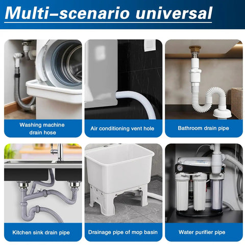Multi-scenario universal drain hoses and pipes for washing machine, air conditioning vent, bathroom, kitchen sink, and water purifier.