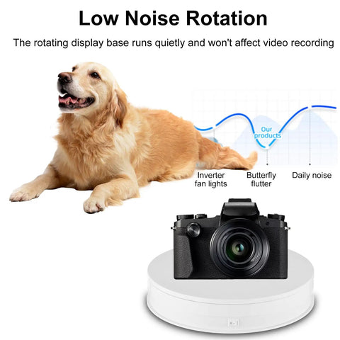 Top Notch 10 Inch Electric Photography Turntable With Super Quiet Motor And Bright LED Spotlight Remote Control For Crystal Clear Product Shoots Streaming Or Live Sales Videos Showcasing Jewelry Gadgets Models In Style with a camera on a quiet rotating base.
