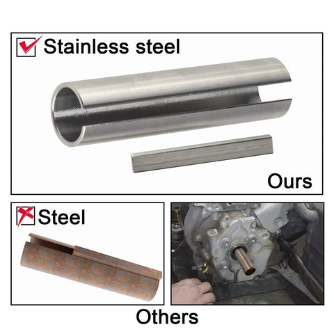 Front view of stainless steel shaft adapter for gas engines, 5/8 in to 3/4 in bore, 3 in length with 3/16 in key
