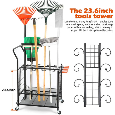 Garden Tool Organizer On Wheels Heavy Duty Steel Tool Tower For Shed Garage Backyard Stores 30 Plus Tools On A Black Locking Cart From Leaf Blowers To Long Handle Rakes Easy Access And Mobile Storage