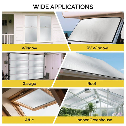 Wide applications of Premium Reflective Window Film Roll 48 By 10 Feet Aluminum Foil Thermal Insulation on various windows and roofs.