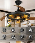 42 Inch Retractable Ceiling Fan With Lights Remote Control And Wall Switch Inverter Dual Control Six Speeds And One Two Four Hour Timer Caged Industrial Farmhouse Rustic Black Dope Vibe For Living Room Bedroom Patio Kitchen installed in a living room setting.