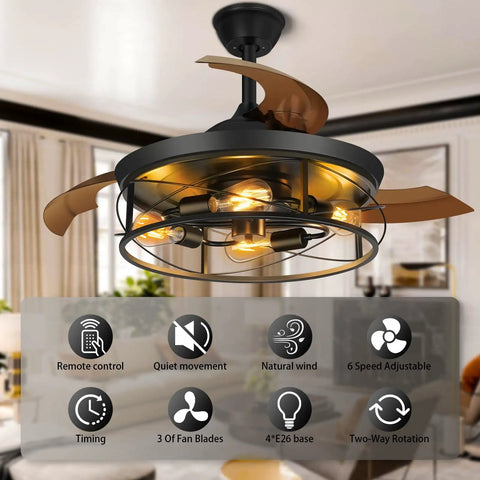 42 Inch Retractable Ceiling Fan With Lights Remote Control And Wall Switch Inverter Dual Control Six Speeds And One Two Four Hour Timer Caged Industrial Farmhouse Rustic Black Dope Vibe For Living Room Bedroom Patio Kitchen installed in a living room setting.