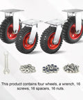 Heavy Duty Eight Inch Caster Set Of Four With Solid Rubber Tires and dual ball bearings, three visible swivel wheels, hardware included.