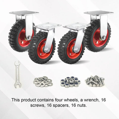 Heavy Duty Eight Inch Caster Set Of Four With Solid Rubber Tires and dual ball bearings, three visible swivel wheels, hardware included.