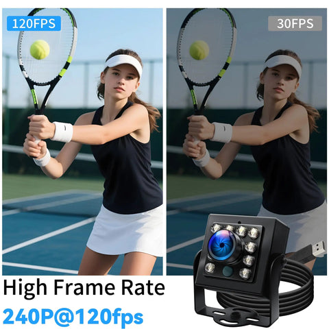 Comparison of tennis player captured at 120FPS and 30FPS, highlighting 1080P USB Camera with 60FPS High Speed Capture feature.