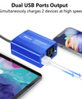 Road Trip Ready 150W Car Power Inverter Dc 12V To 110V Ac Converter with dual USB ports charging devices.