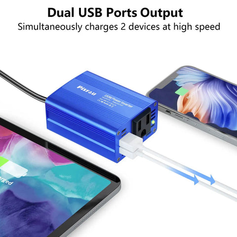 Road Trip Ready 150W Car Power Inverter Dc 12V To 110V Ac Converter with dual USB ports charging devices.