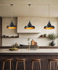 AMRUIPO 22FT Plug in Pendant Light Farmhouse Hanging Lamp Fixtures over kitchen island with black dome shades.
