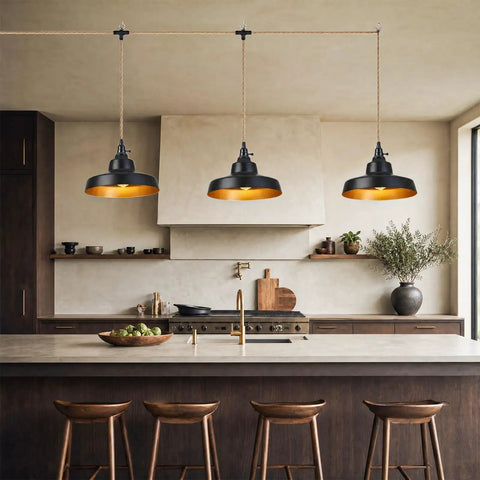 AMRUIPO 22FT Plug in Pendant Light Farmhouse Hanging Lamp Fixtures over kitchen island with black dome shades.