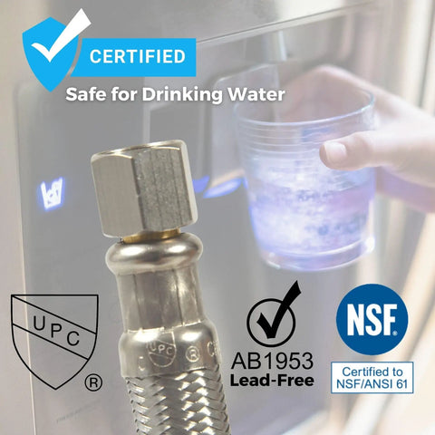 Universal Icemaker Hose 20 Ft For All Refrigerator Brands, Stainless Steel Water Supply Line, safe for drinking certification icons