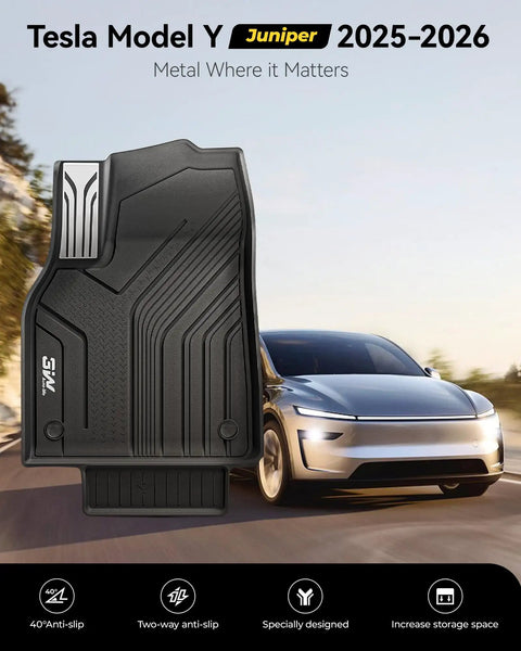 Juniper Floor Mats And Cargo Liners For Model Y 2025 2026 Built To Last With Tough As Nails TPE Material next to Tesla car