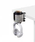 2 In 1 Desk Cup Holder And Headphone Hanger With Bling Bling Crystal Diamond Acrylic Design on desk corner with mug and headphones