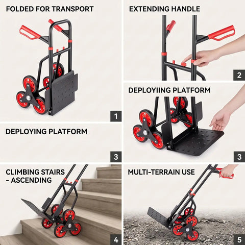 Heavy Duty Folding Stair Climbing Hand Truck For Delivery And Moving, red steel cart folded with six wheels and platform down