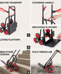Stair Climbing Hand Truck For Multi Surface Use Folding Ergonomic Courier Cart On Stairs Portable Heavy Duty Cart With Folding Frame And Perforated Base Ideal For Boxes And Deliveries, folded and deployed on stairs